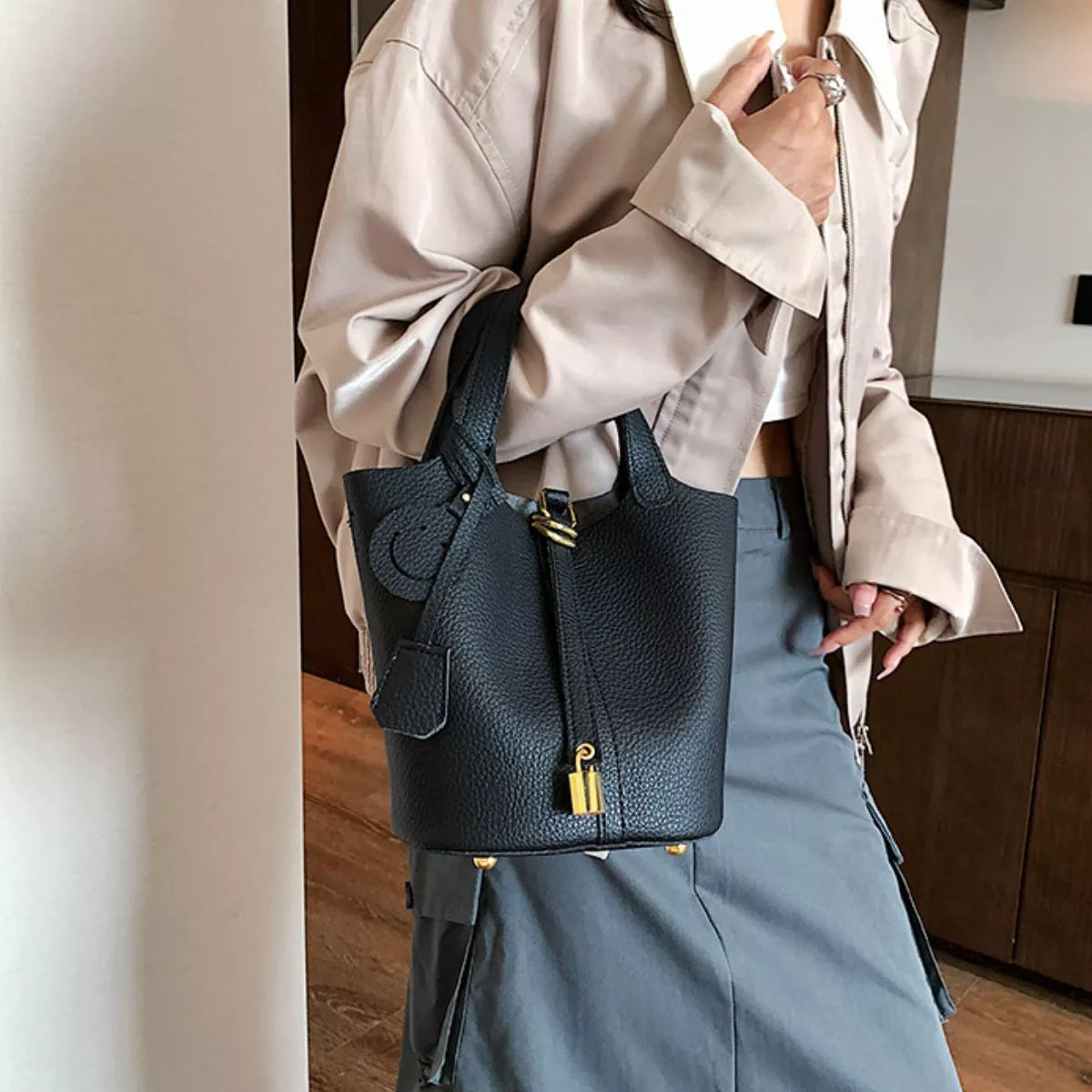 Bucket Crossbody Bag with Lock Detail