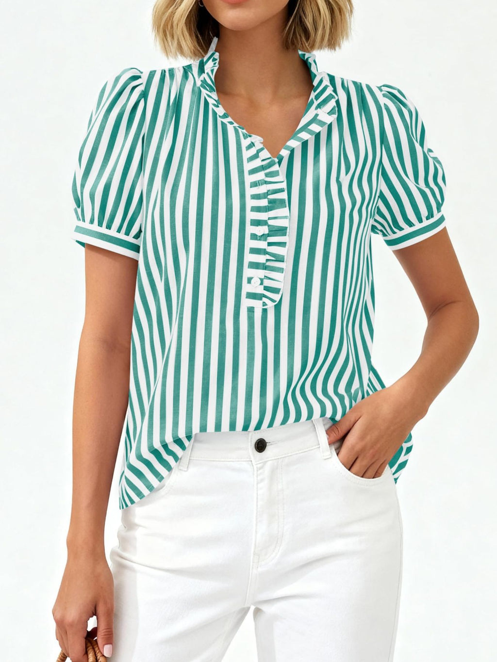 Frill Striped Puff Sleeve Blouse