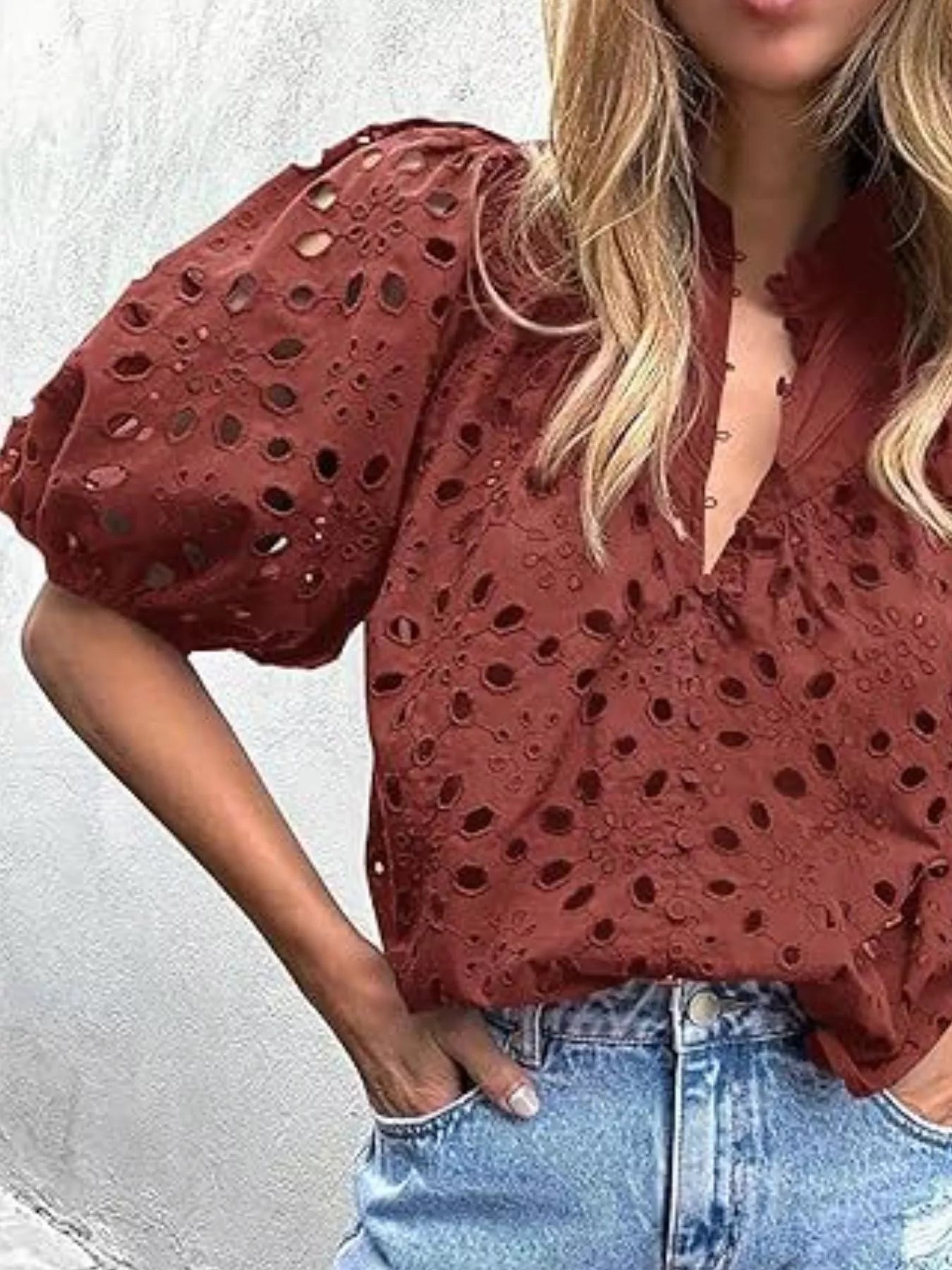Eyelet Embroidered Puff Sleeve Blouse