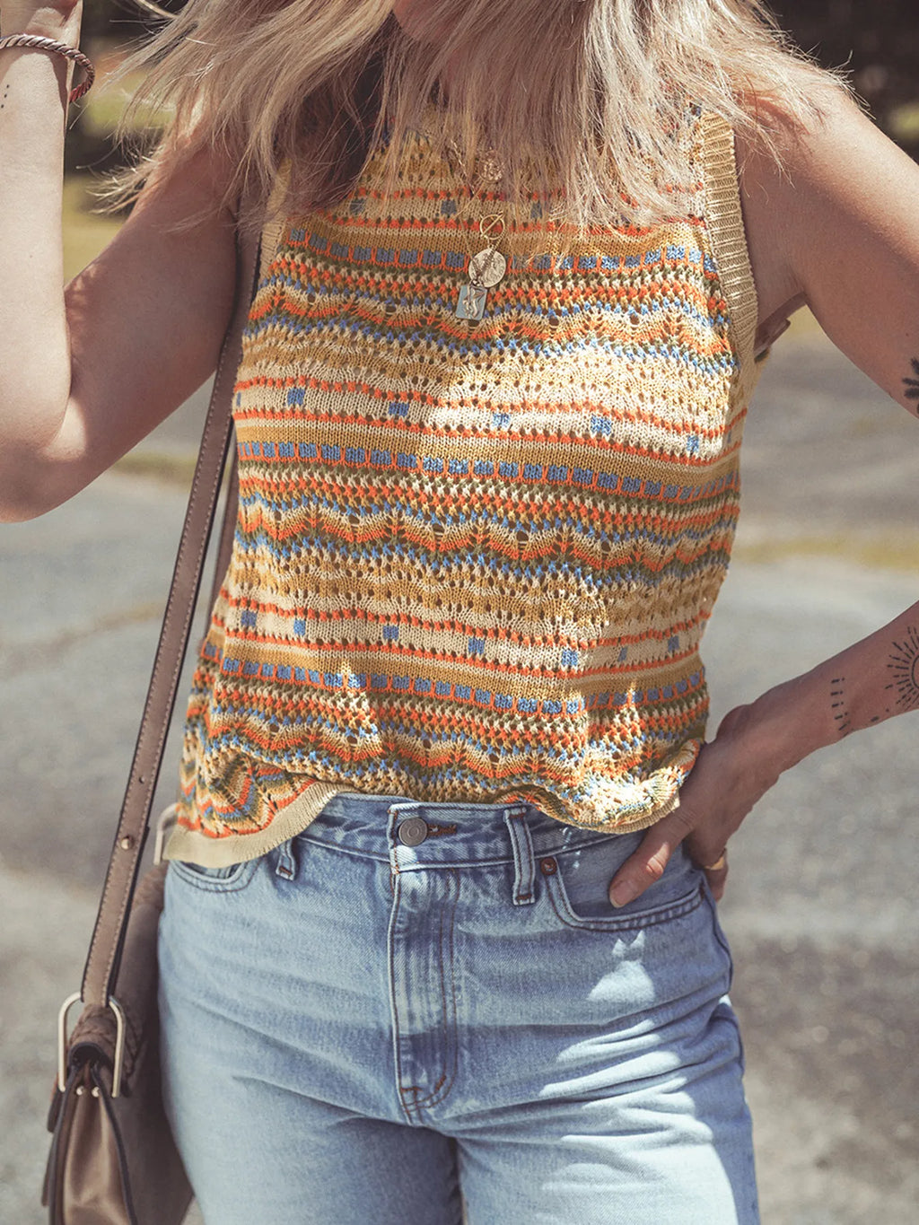 Stripe Eyelet Crochet Round Neck Sweater Vest