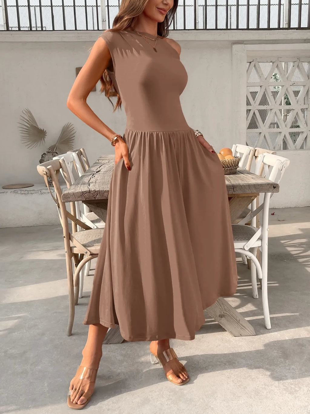 Single Shoulder Midi Dress with Pockets