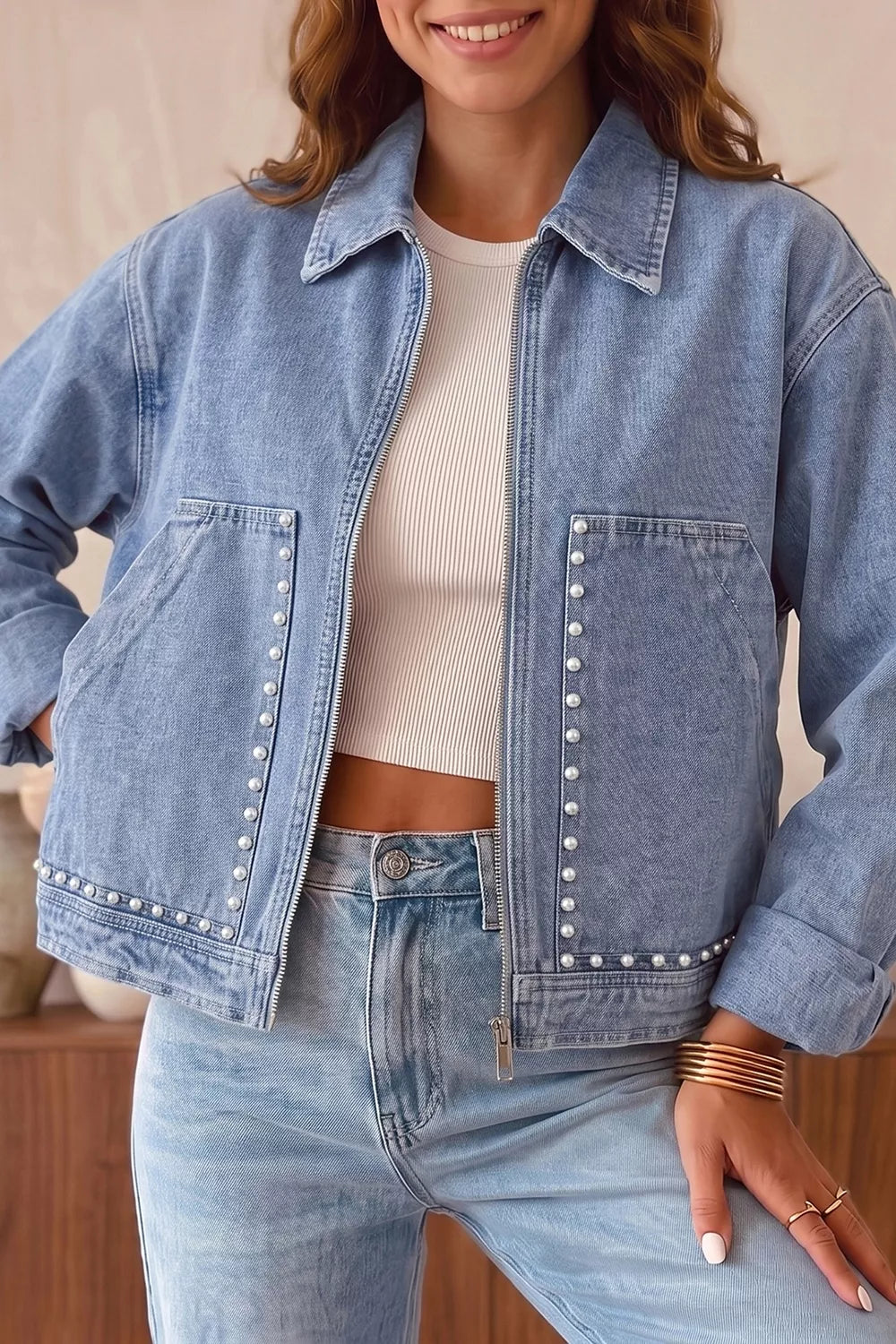 Studded Metal Zipper Rivet Pockets Long Sleeve Denim Jacket