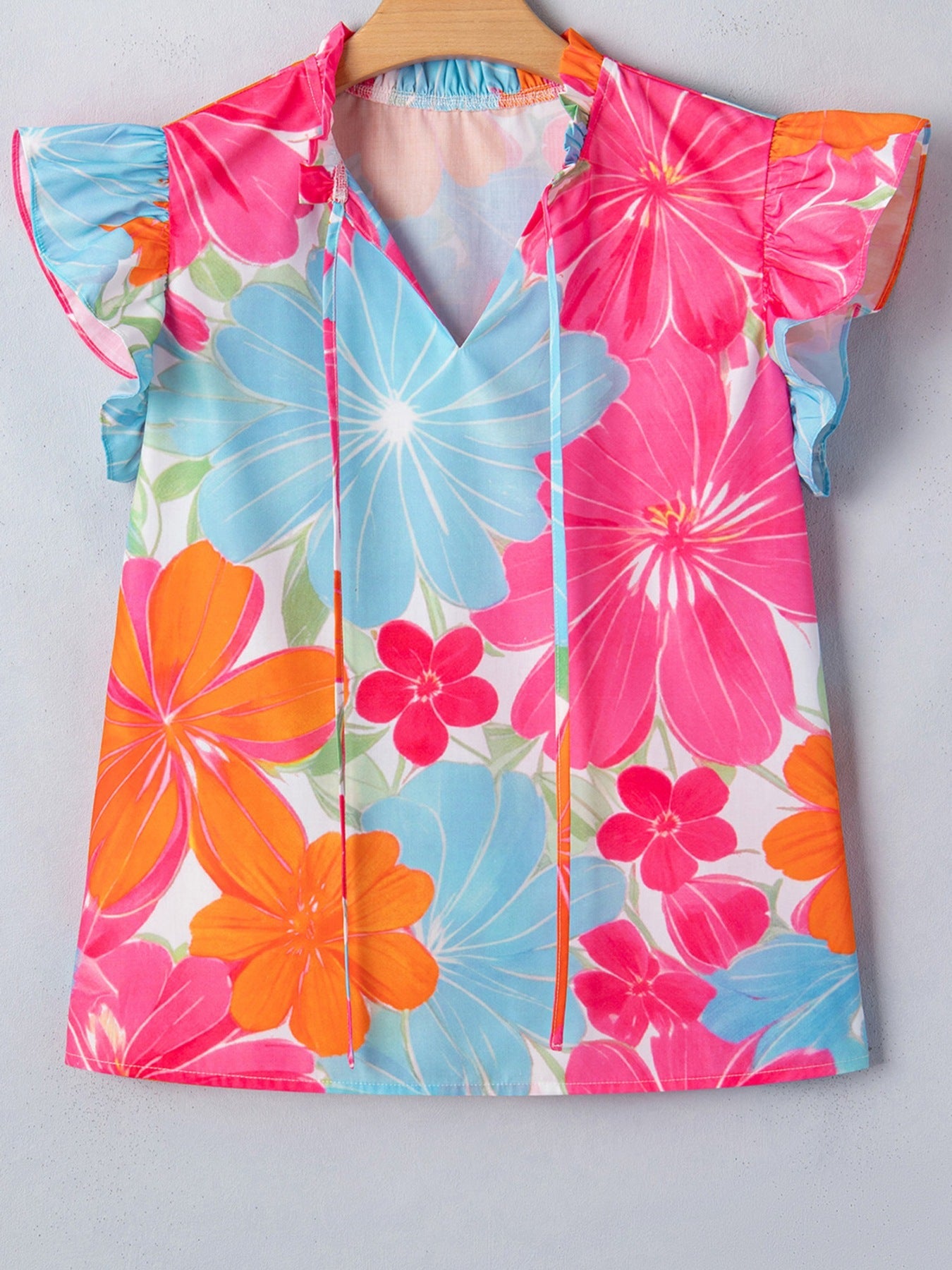 Flower Printed Tie V Neck Ruffle Trim Sleeveless Blouse