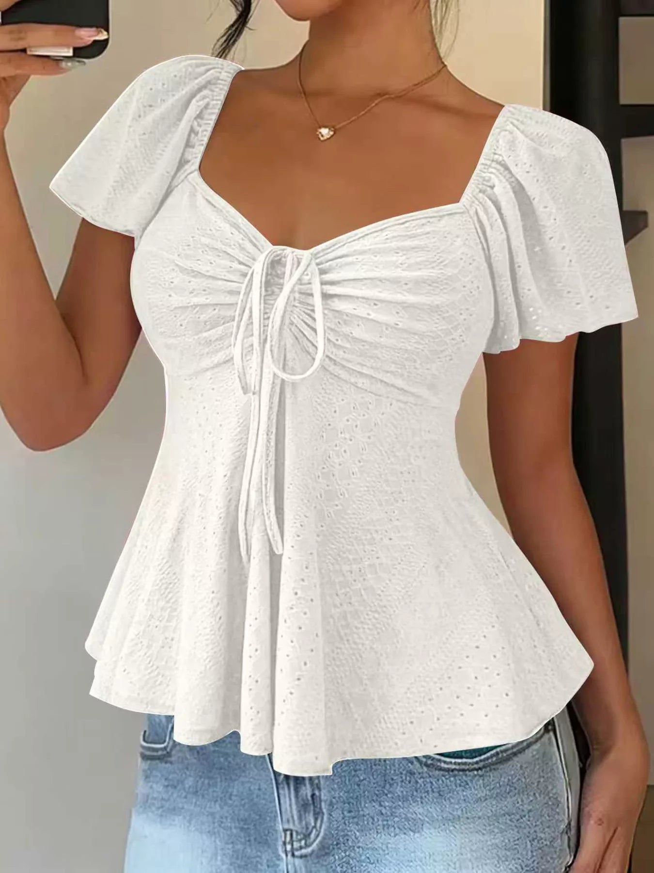 Sweetheart Neck Flutter Sleeve Top