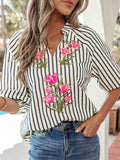 Stripe Floral Embroidered Detail V Neck Short Sleeve Blouse