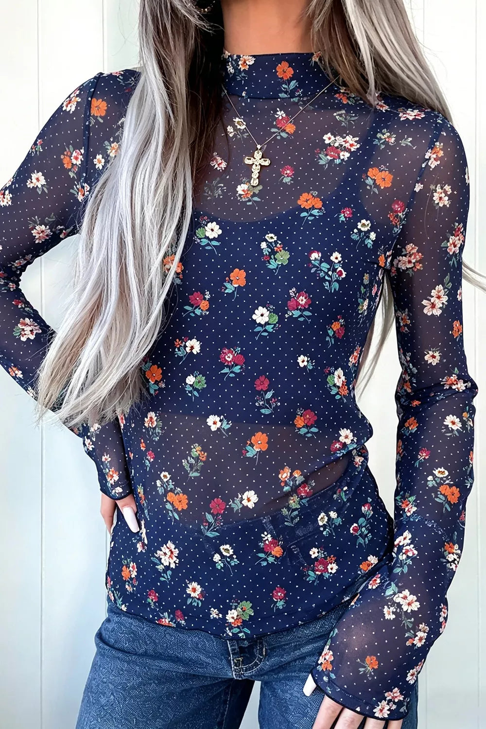 Polka Dot Floral Mesh Long Sleeve High Neck Pullover Sheath Top