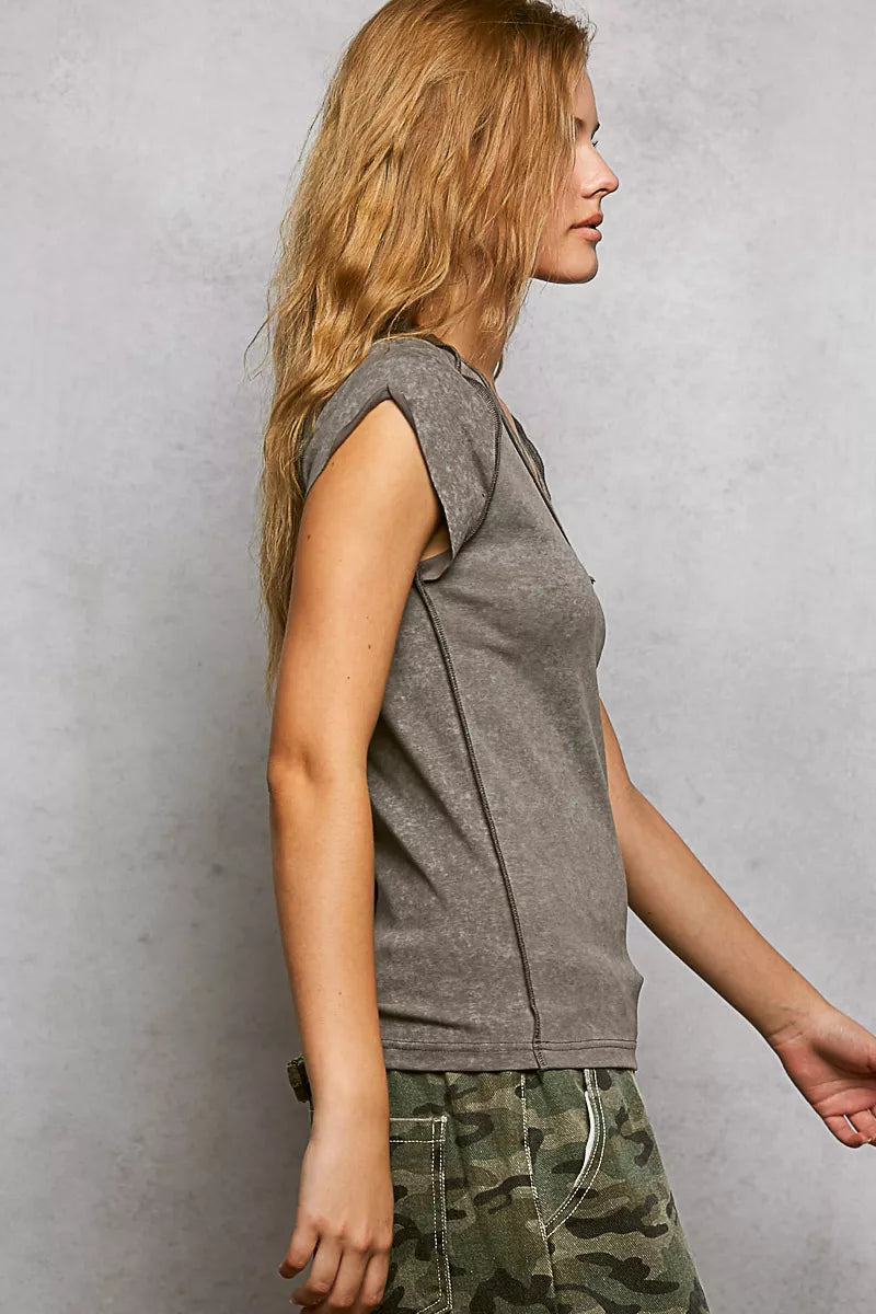 POL V-Neck Short Sleeve Washed T-Shirt with Outseam