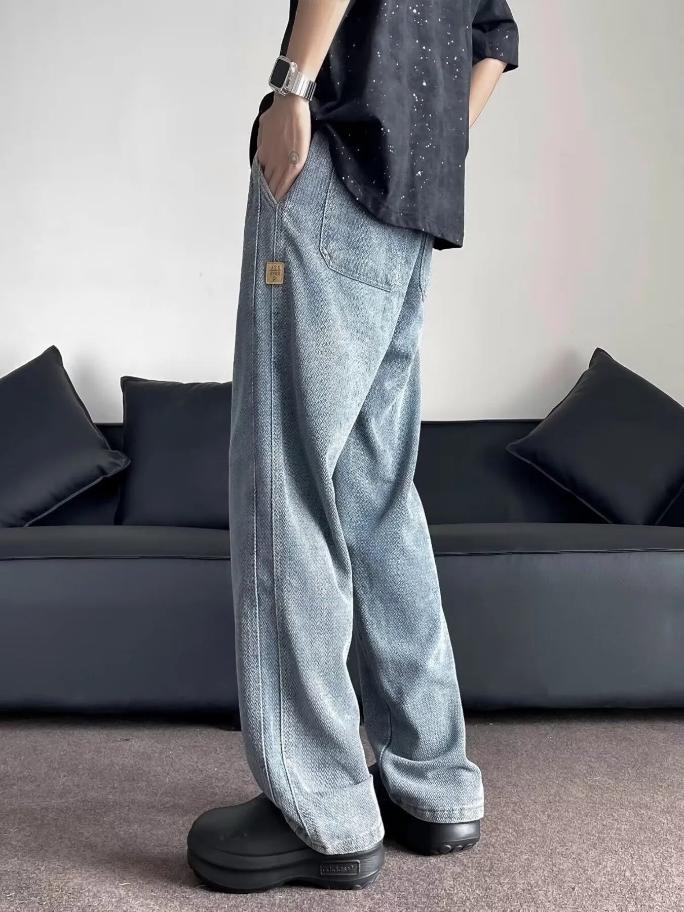 Men's Plus Size Drawstring Washed Wide Leg Jeans