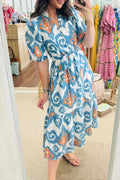 Floral Print Short Puff Sleeve Button Down Ruffle Hem Midi Dress