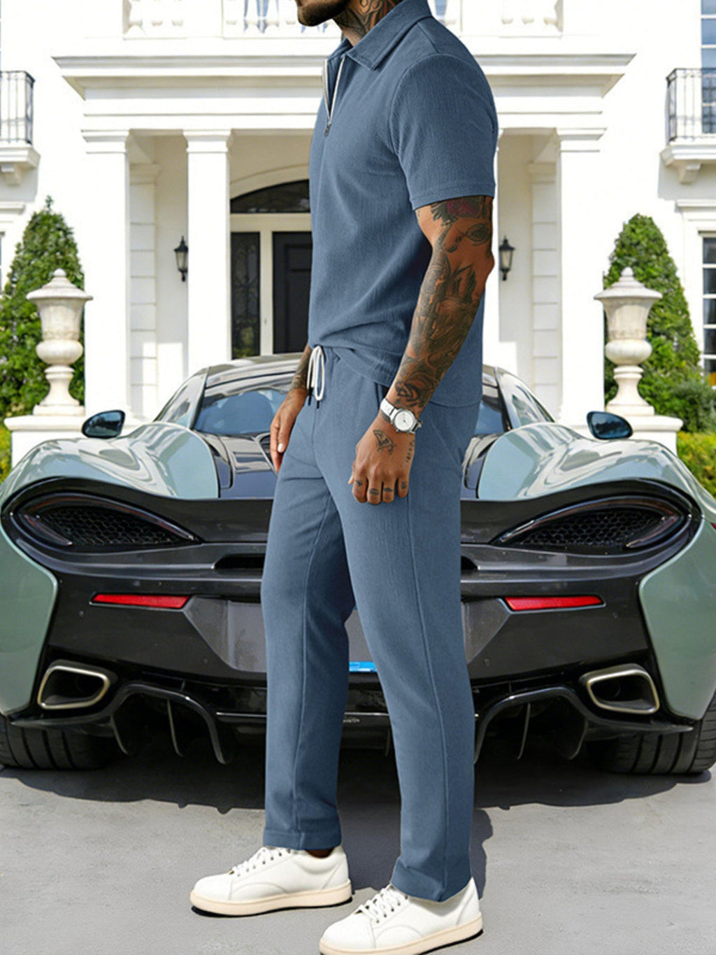 Men's Full Size Casual Zipper Polo Shirt and Drawstring Pants Set Plus Size