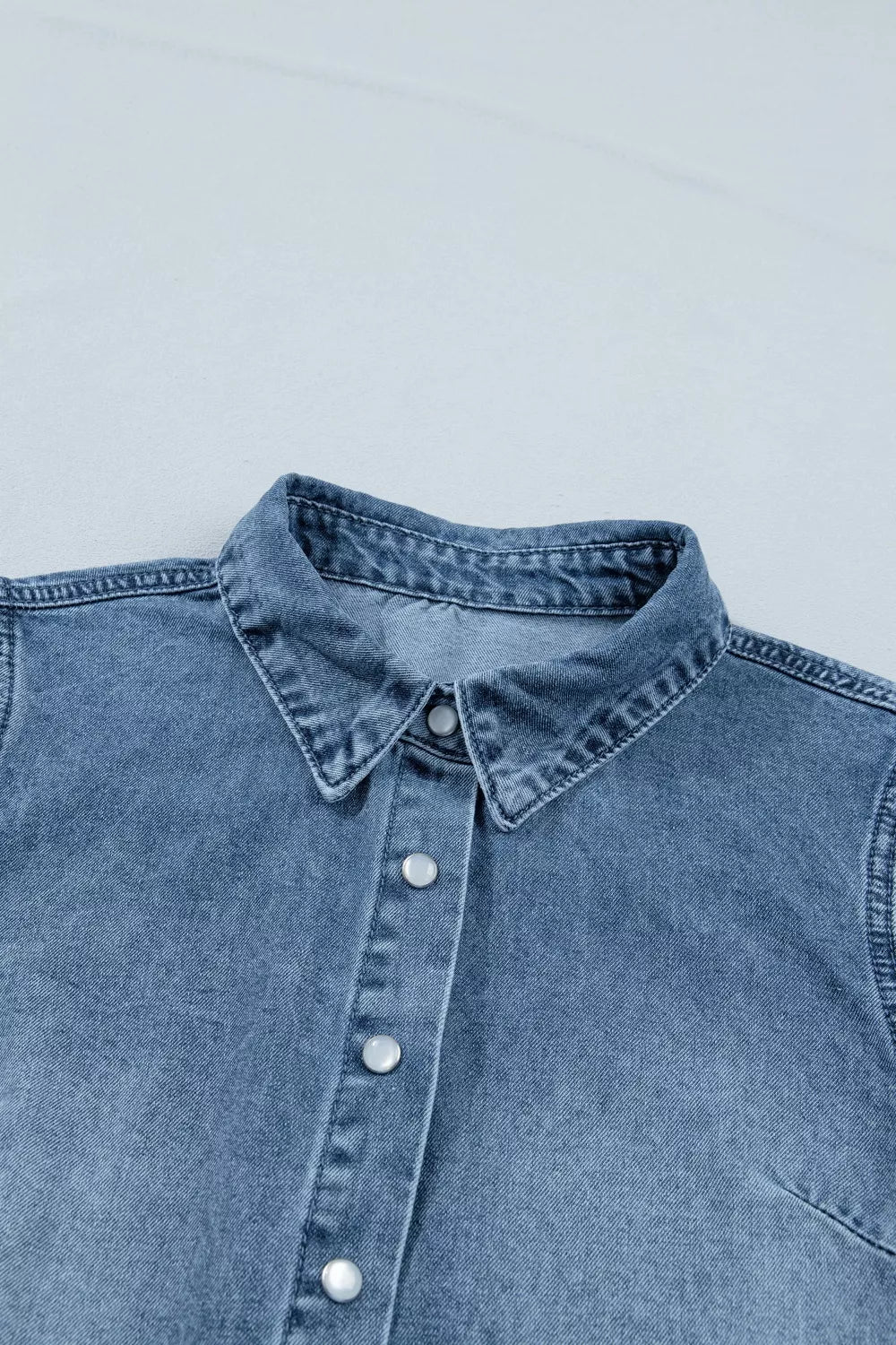 Frilled Short Sleeve Snap Button Denim Shirt