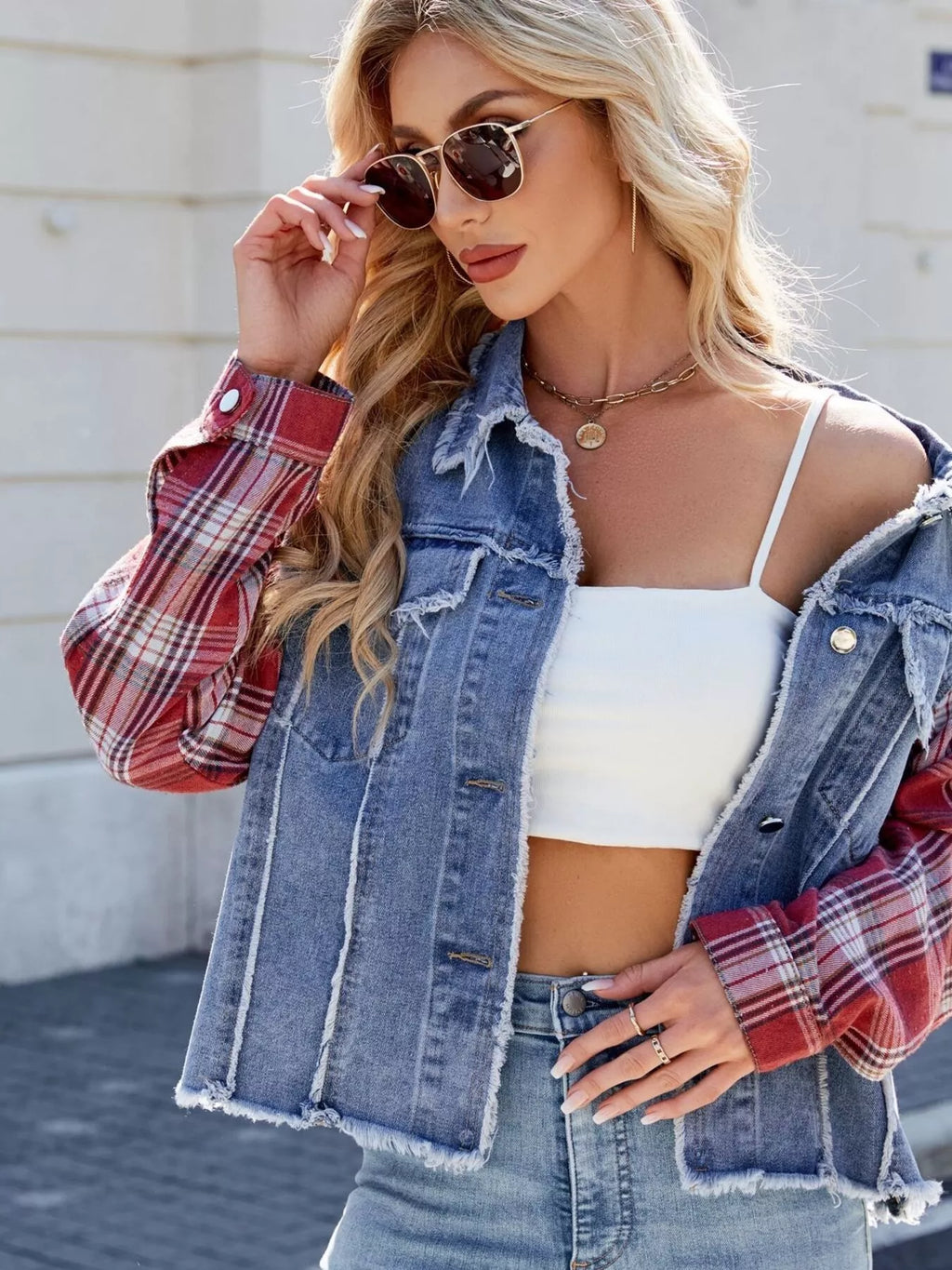 Raw Hem Plaid Sleeve Denim Jacket