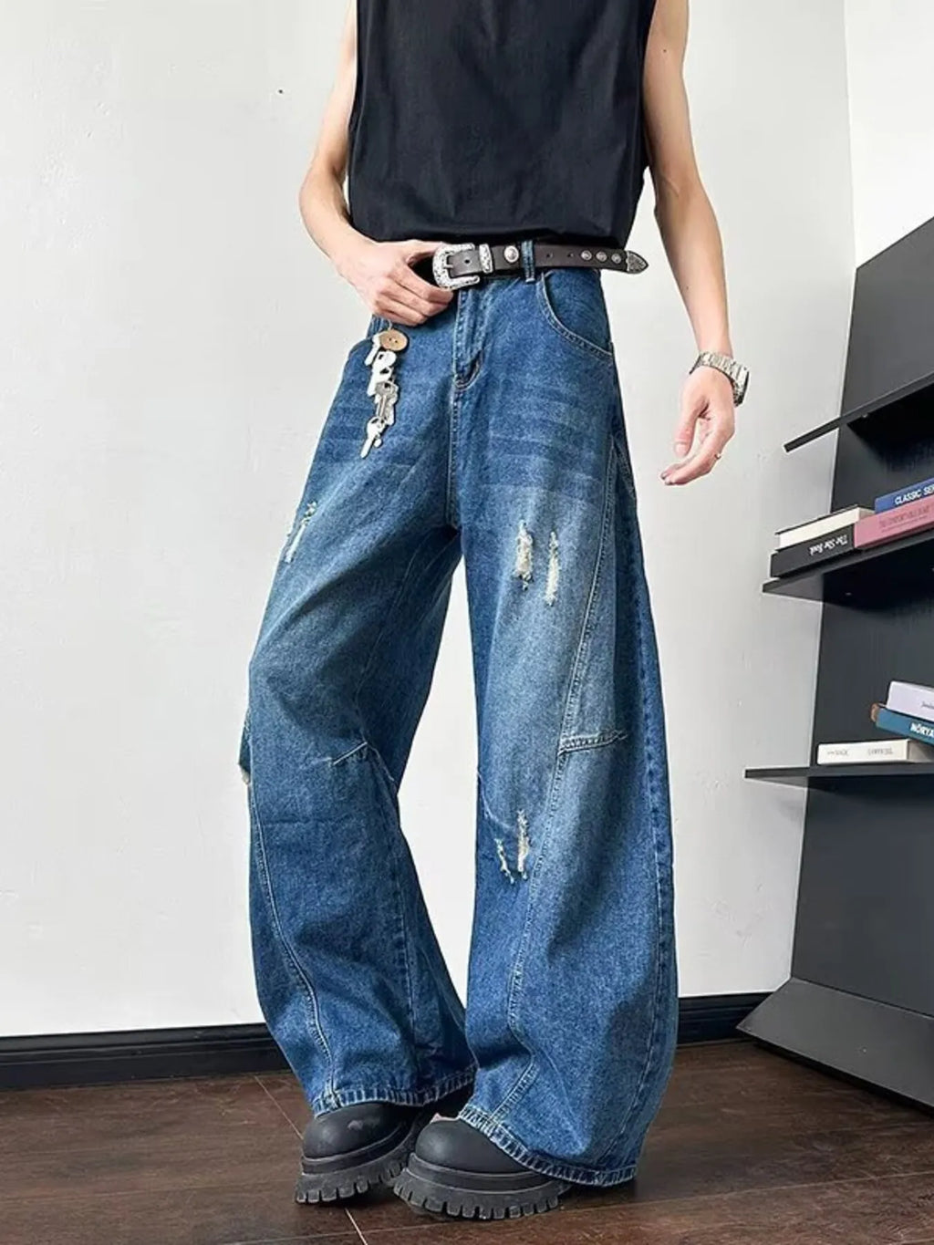 Men's Full Size Distressed Wide Leg Jeans Plus Size