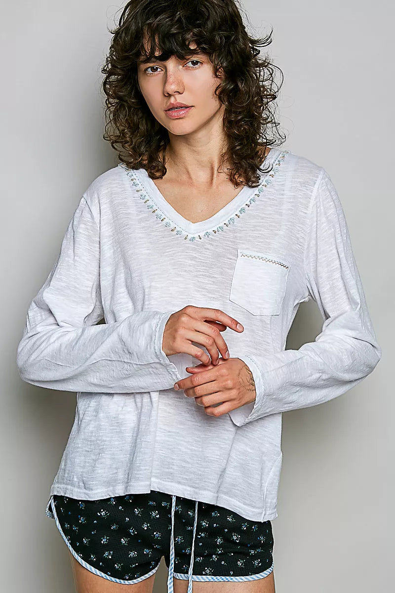POL Contrast Hand-Stitch V-Neck Lightweight Knit Long Sleeve Top