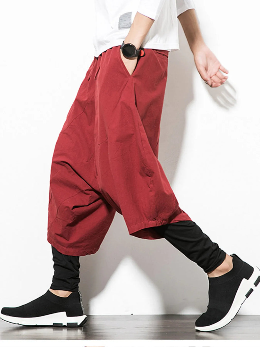 Men's Plus Size Wide Leg Drop Crotch Pants with Drawstring