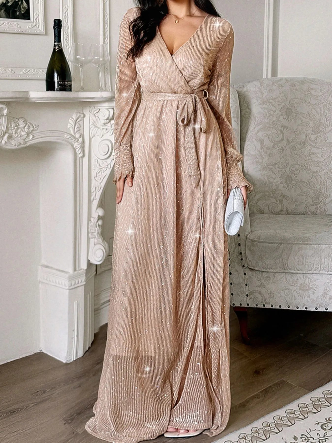Surplice Slit Tie Waist Maxi Dress