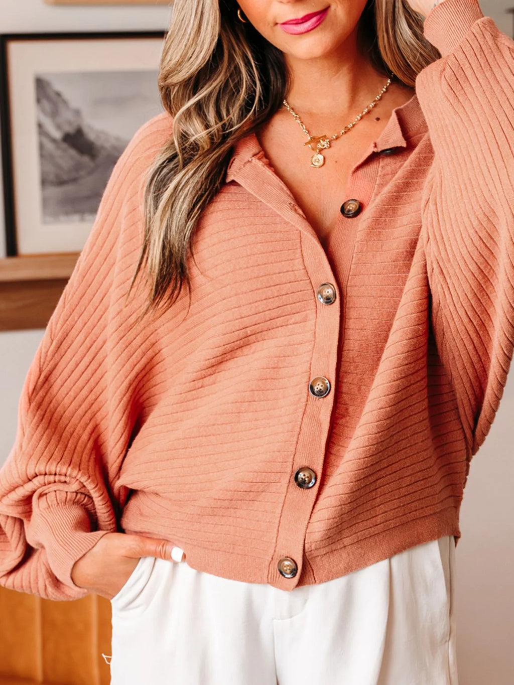 Rib Knit Button Front Dolman Sleeve Sweater Cardigan