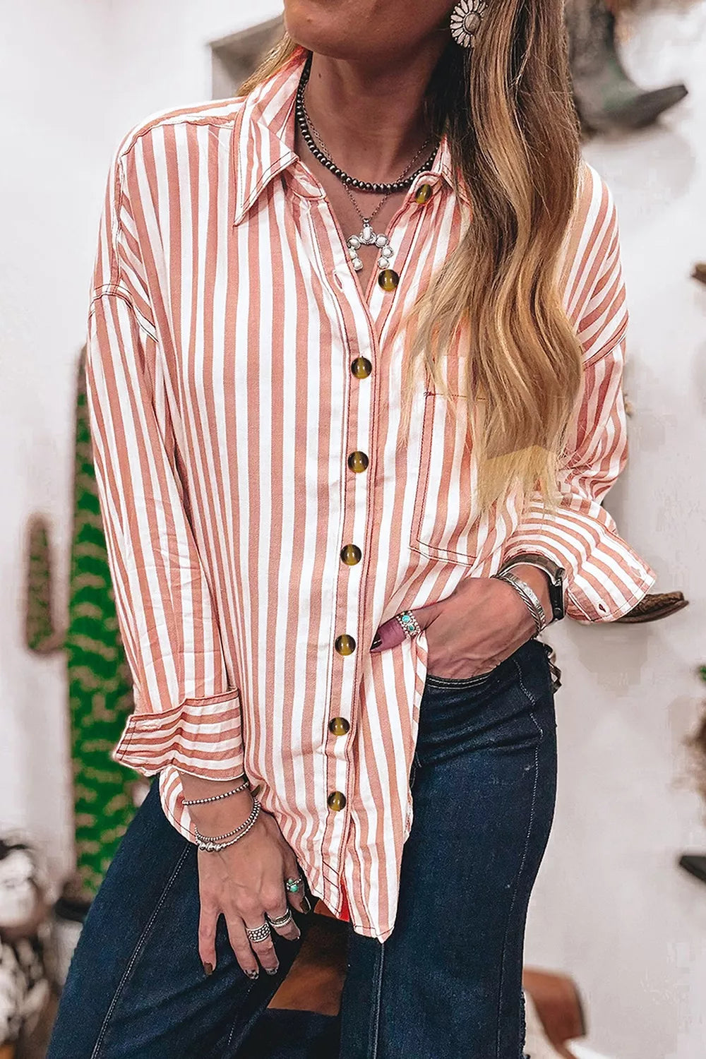 Stripe Western Button Down Long Sleeve Casual Shirt
