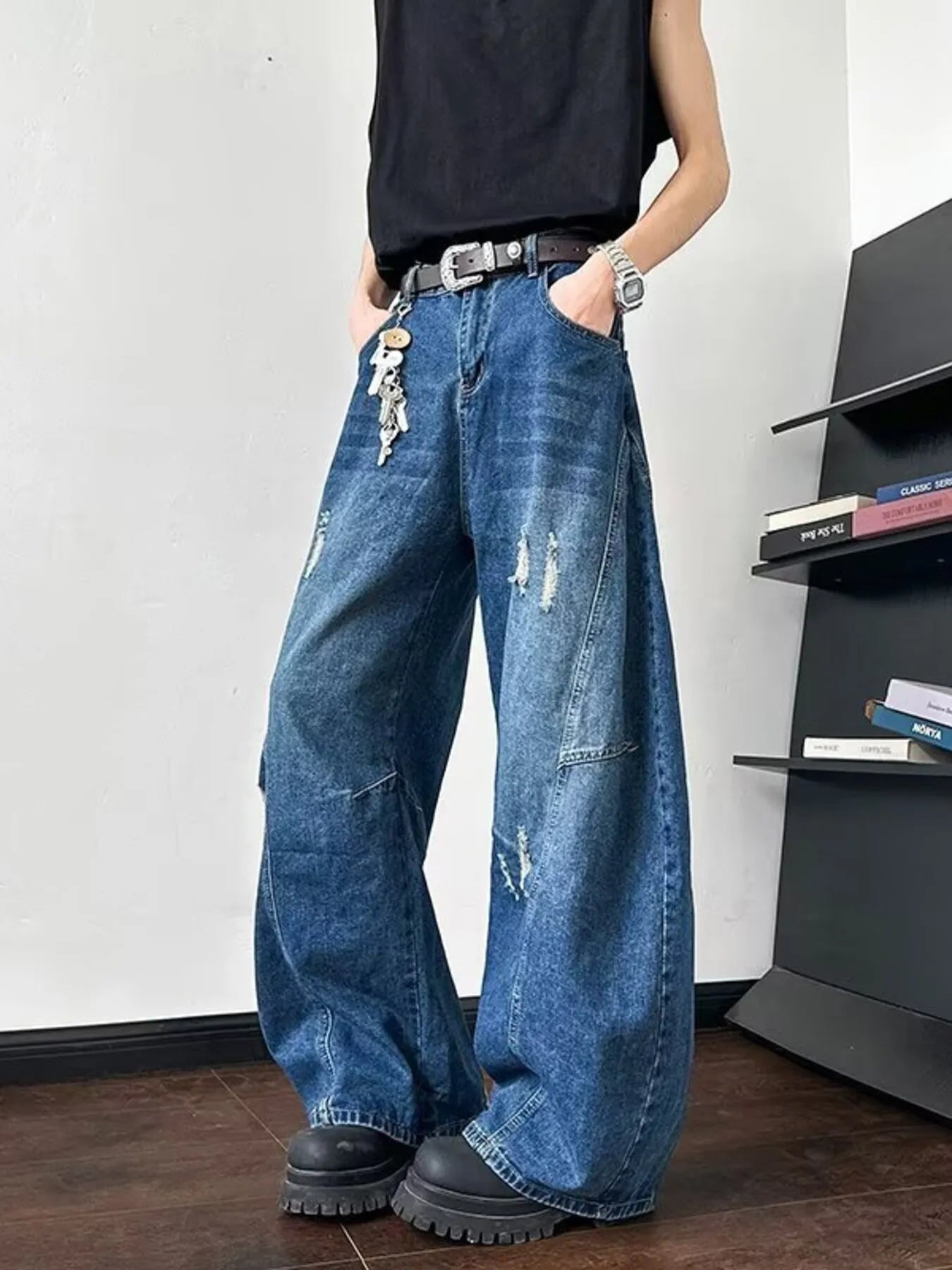 Men's Full Size Distressed Wide Leg Jeans Plus Size
