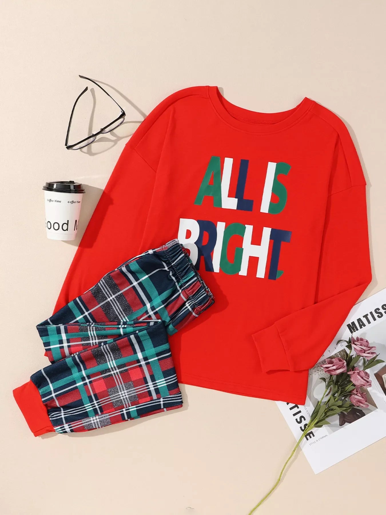 ALL IS BRIGHT Graphic Christmas Plaid Pajamas Set