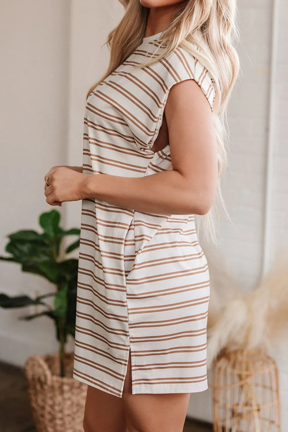 Stripe Round Neck Sleeveless Pocketed Mini Dress
