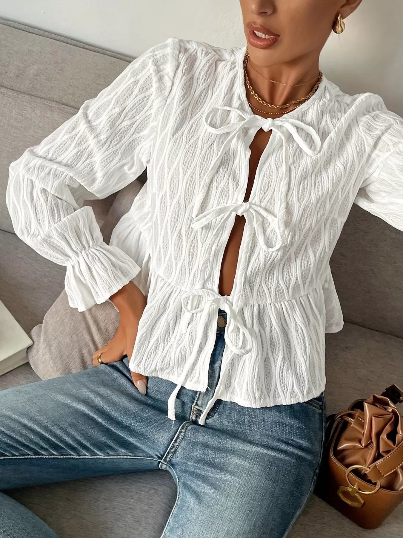 Tie Front Flounce Sleeve Blouse