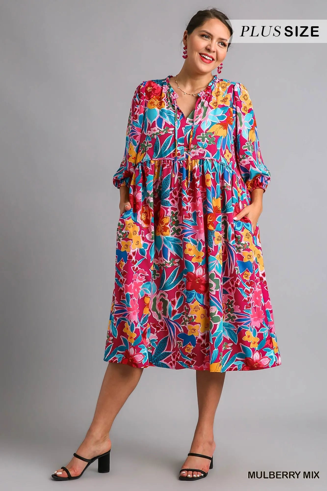 Umgee Full Size Floral Print Tie Neck Midi Dress with Pockets Plus Size