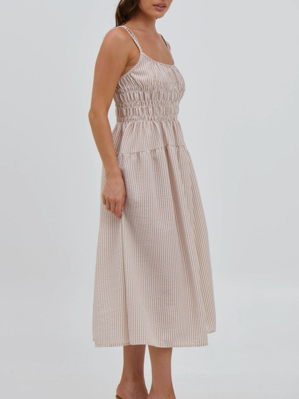 Striped Smocked Bodice Midi Dress