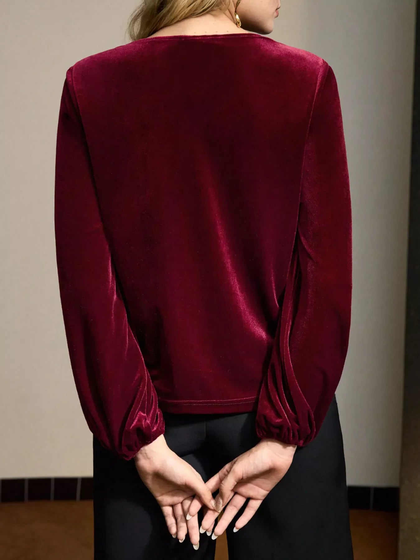 Velvet Twist-Front Long Sleeve Blouse