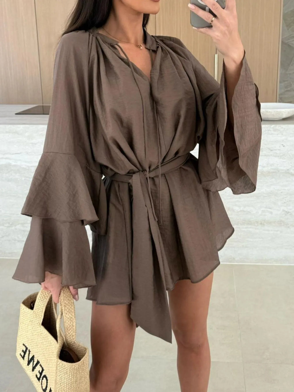 Bell Sleeve Tie Waist Mini Shirt Dress