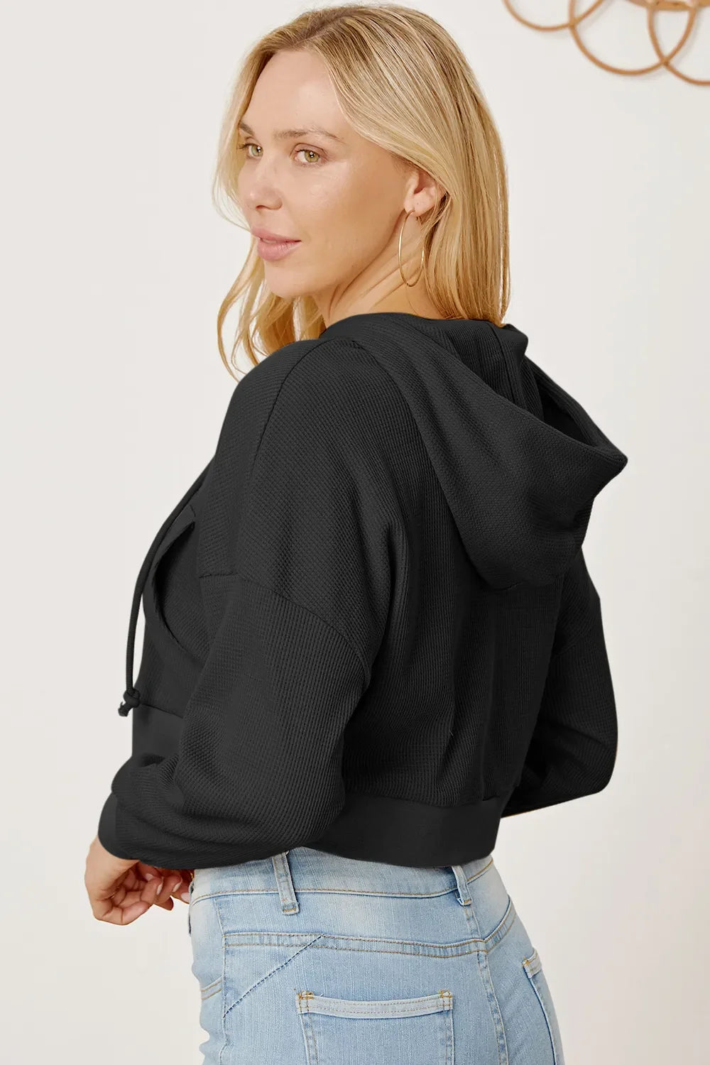 Waffle-Knit Drawstring Zip Up Hoodie