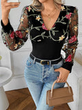 Floral Mesh Sleeve V-Neck Top