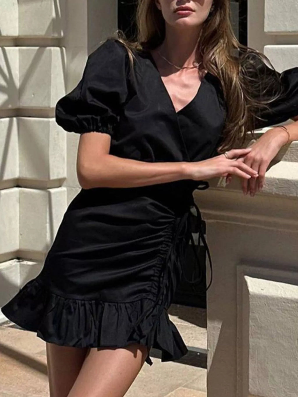 Ruffled Hem Ruched Puff Sleeve Mini Dress