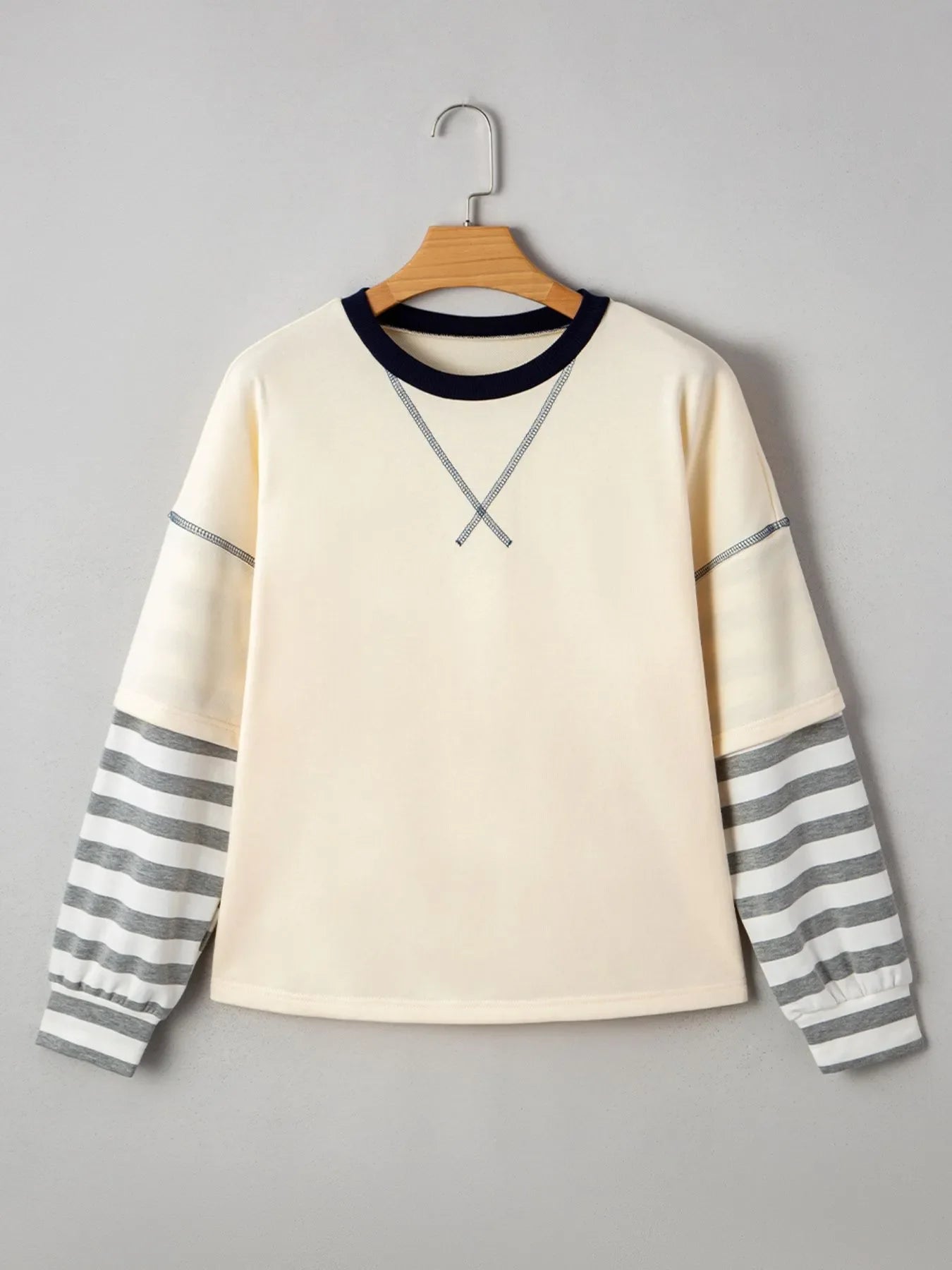 Striped Patchwork Long Sleeve Round Neck Two-in-one Top