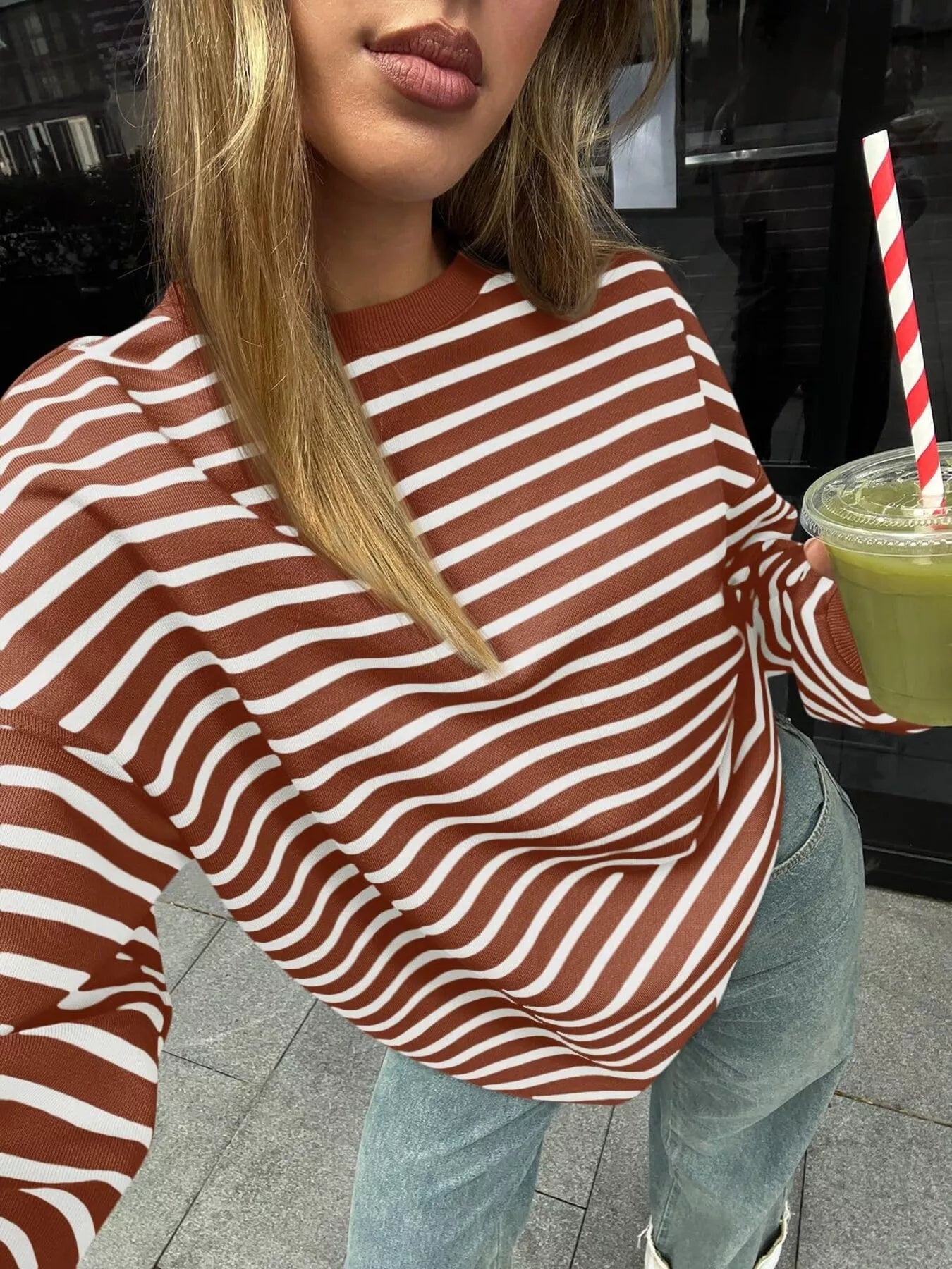 Striped Round Neck Oversized Casual Sweatshirt