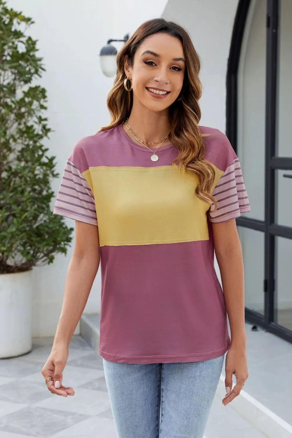 Color Block Round Neck Short Sleeve T-Shirt
