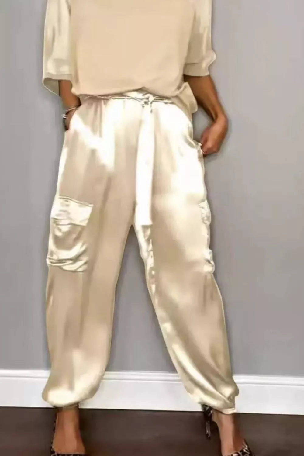 Satin Round Neck Top and Pants Set