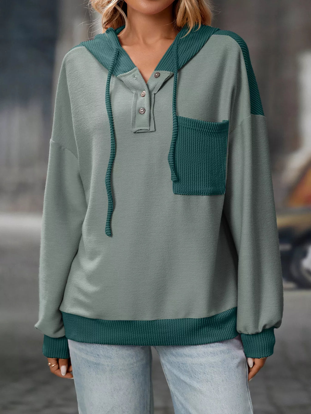 Casual Color Block Button Detail Hoodie