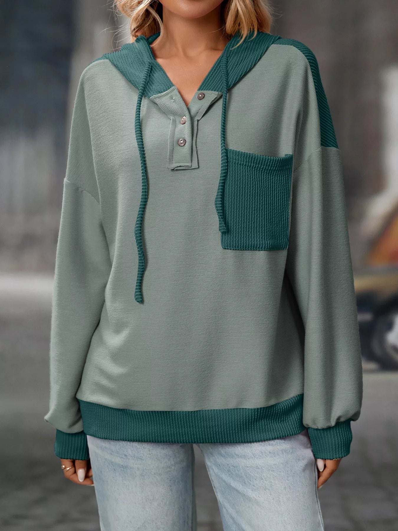 Casual Color Block Button Detail Hoodie