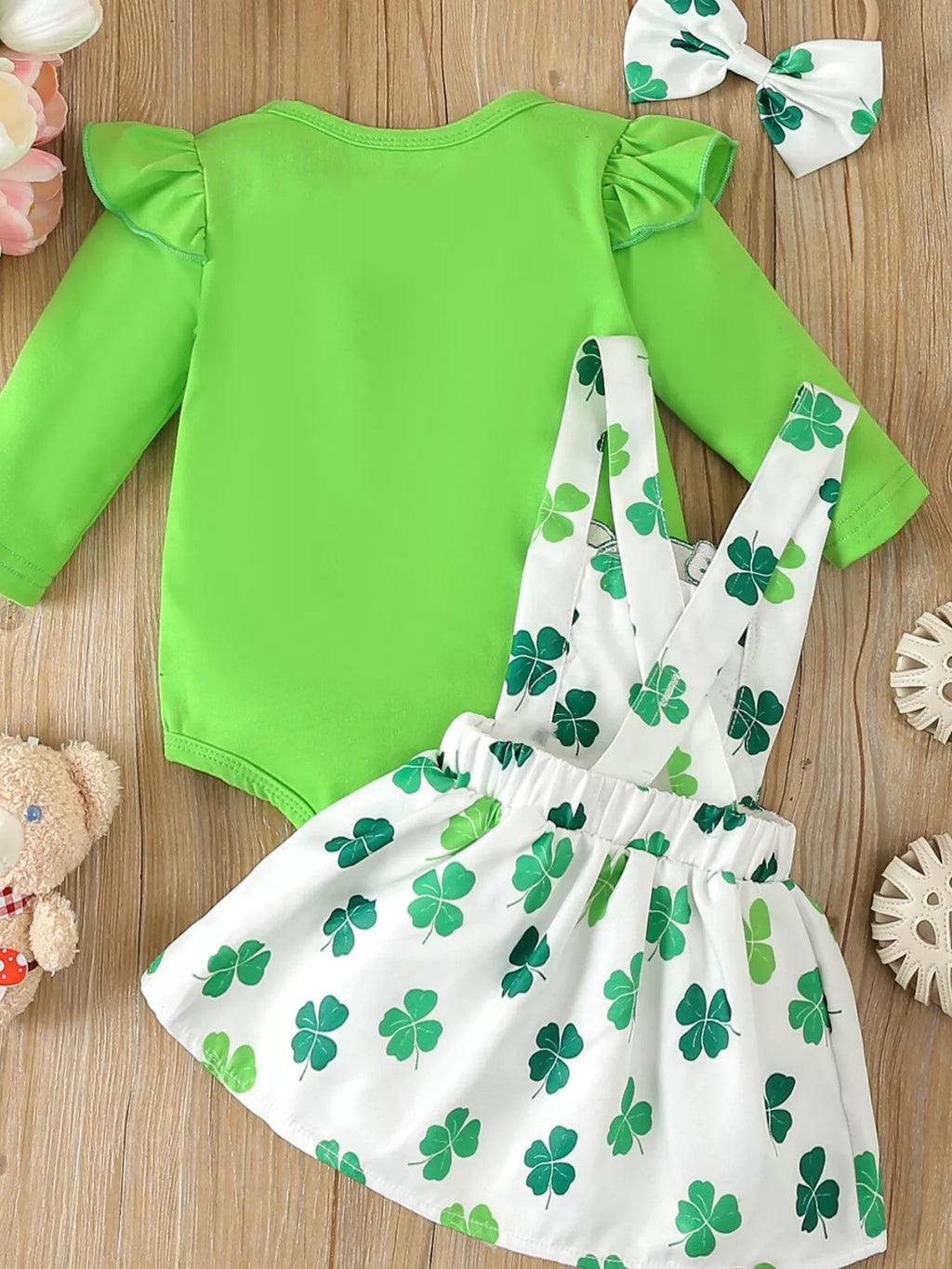 Children's Ruffled Long Sleeve Bodysuit and Overall Dress Set with Headband