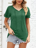 Ruffle Sleeve Keyhole Tie Neck T-Shirt