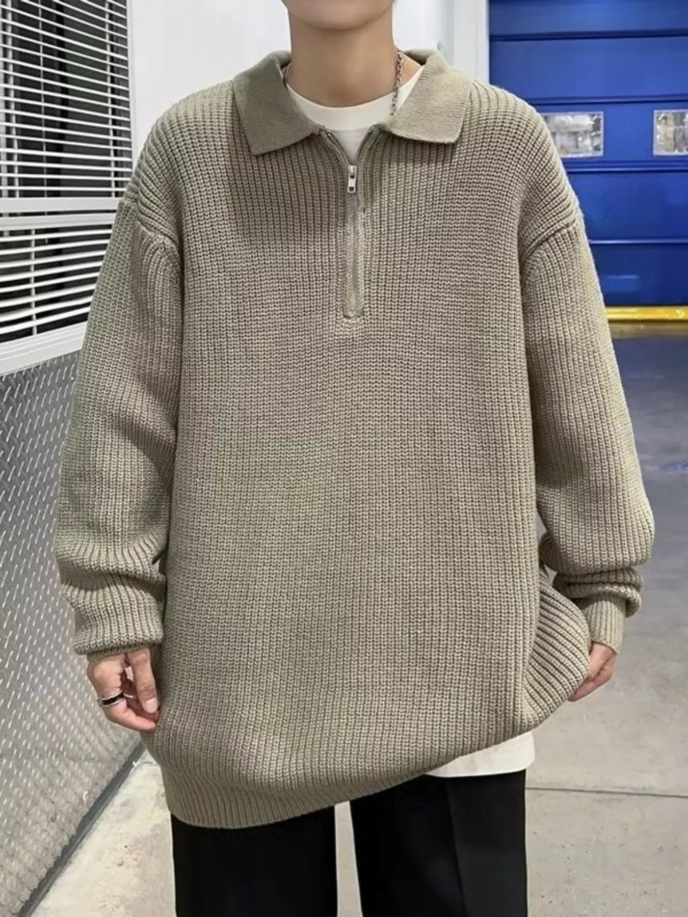 Men's Plus Size Quarter-Zip Collar Drop Shoulder Sweater