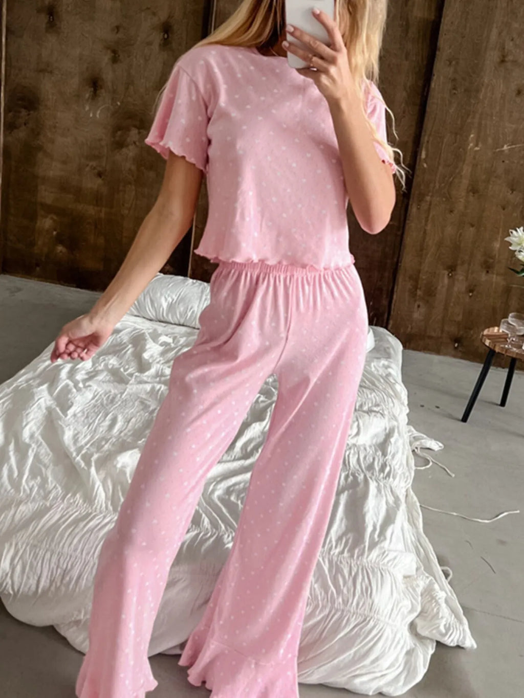 Polka Dot Round Neck Top and Pants Lounge Set