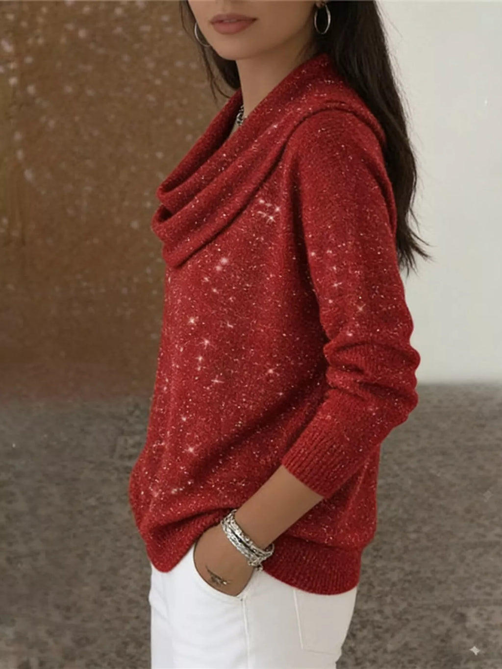 Full Size Glitter Cowl Neck Long Sleeve Sweater Plus Size
