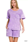 Zenana Halo Snow Washed Exposed Seam Top & Shorts Set