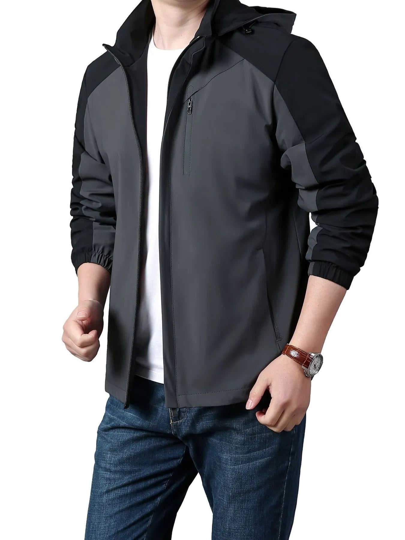 Men's Plus Size Hooded Colorblock Lightweight Jacket