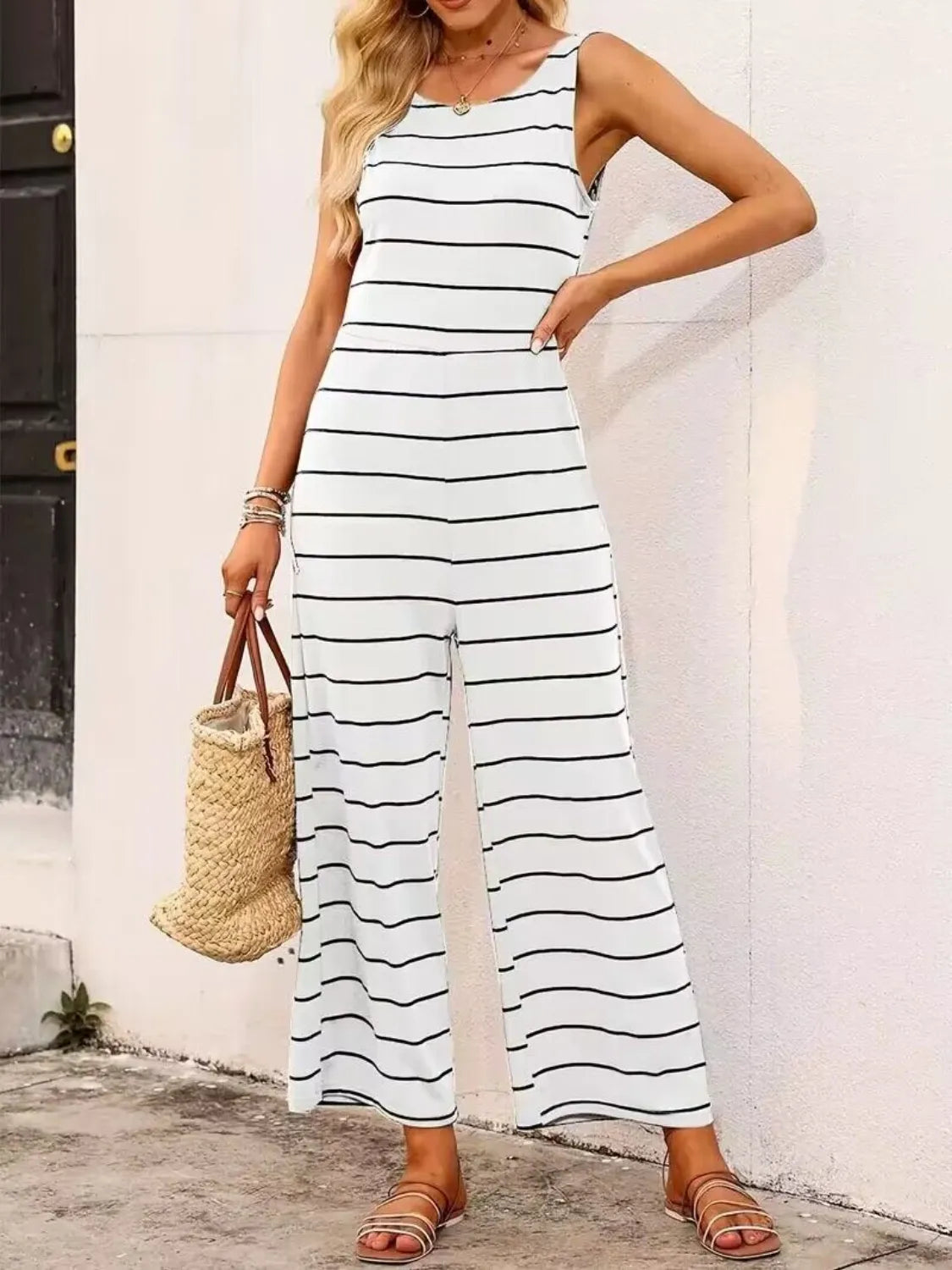 Striped Round Neck Wide Leg Jumpsuit