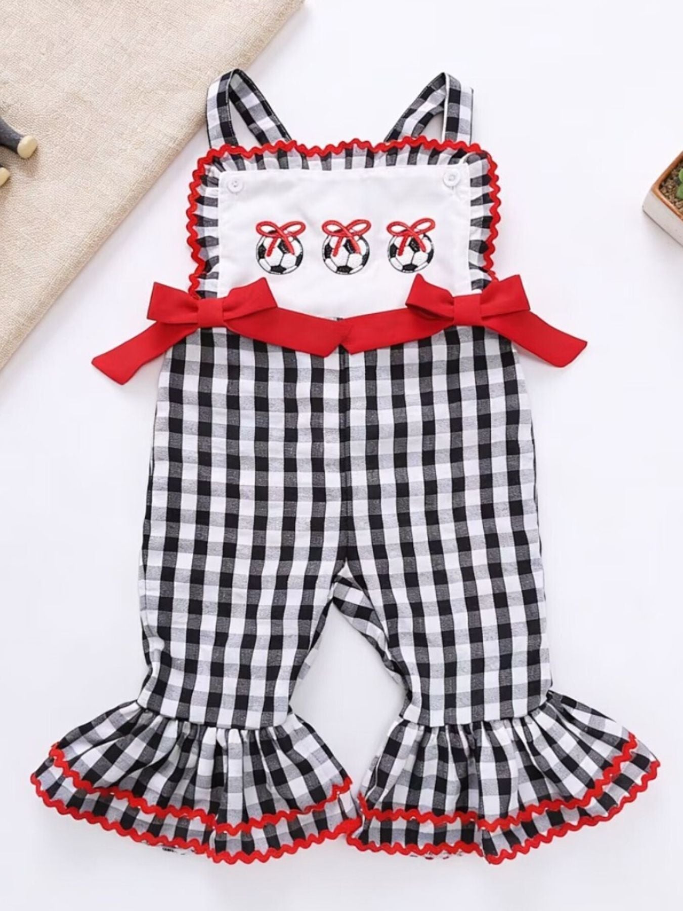 Children's Gingham Soccer Ball Embroidered Ruffle Hem Jumpsuit