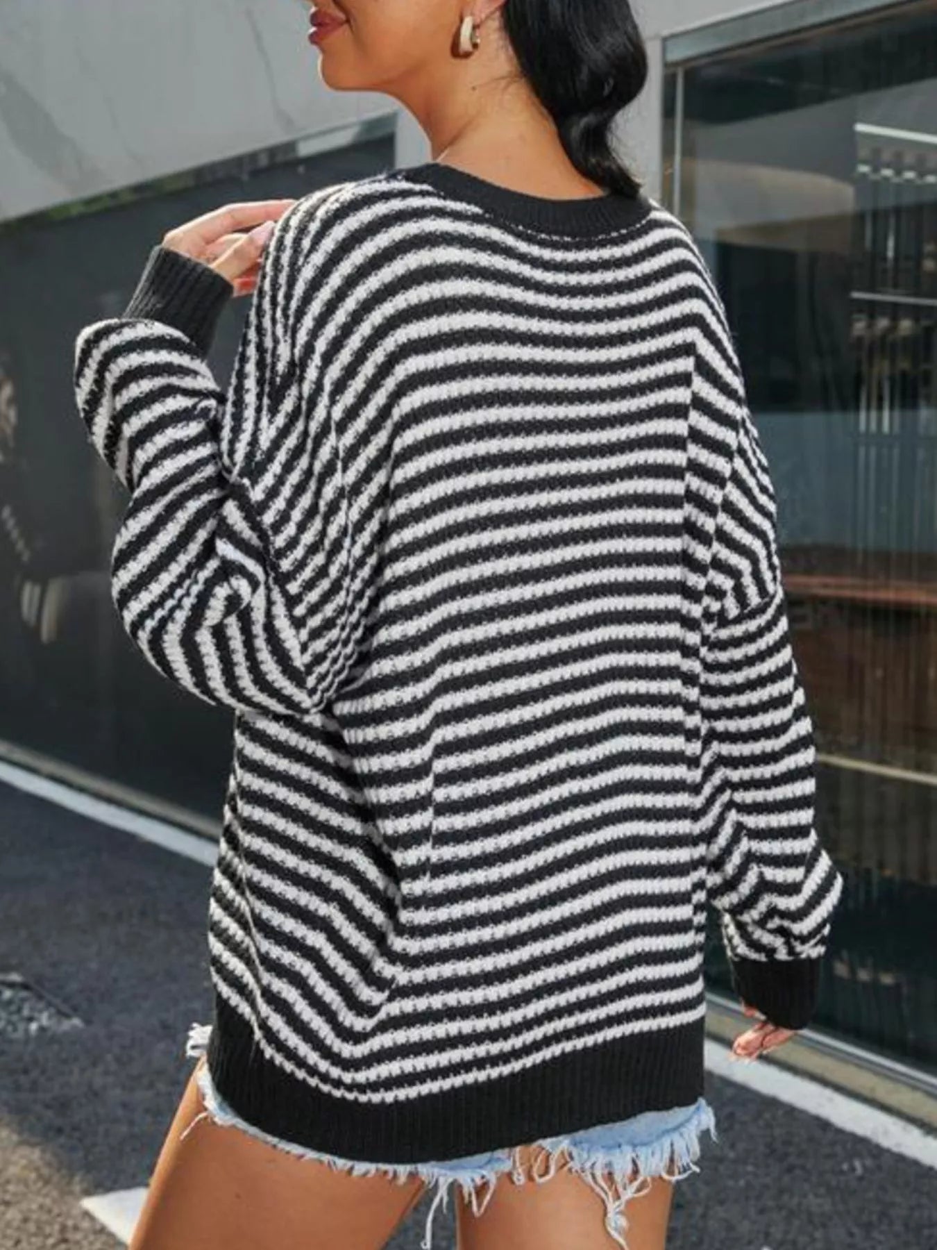 Striped Round Neck Drop Shoulder Sweater