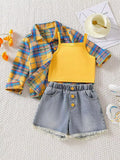 Children's Plaid Shirt & Tank Top & Denim Shorts Set